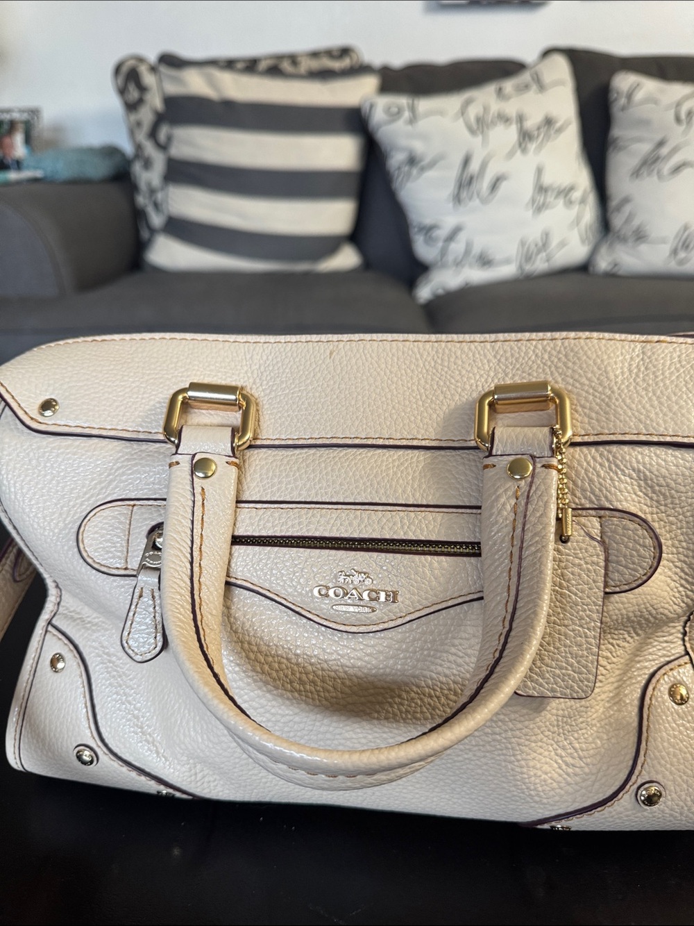Coach Cream Pebbled Leather Satchel with Gold Hardware